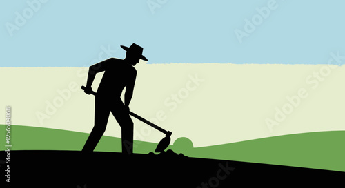 Silhouette of farmer cultivating field with hoe against serene landscape background