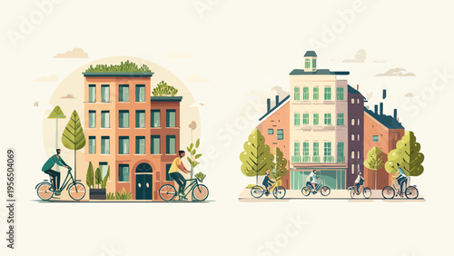 Vibrant vector illustrations showcasing people cycling through modern city neighborhoods, highlighting sustainable urban mobility and active, eco-friendly lifestyles