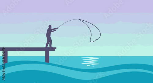 Silhouette of fisherman casting line from pier against serene pastel waterscape twilight