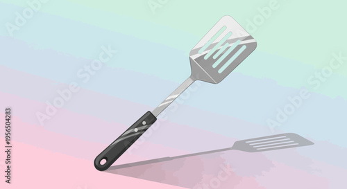 Sleek kitchen utensil illustration featuring a spatula with subtle shadows and pastel backdrop