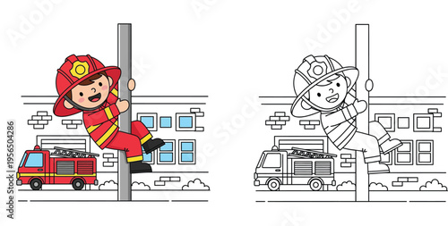 Little Firefighter Boy Sliding Down Fire Pole with Fire Truck Illustration, Colored and Line Art Version for Kids Coloring Page Activities