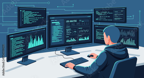 Software engineer performing log analysis with multiple monitors for data visualization and