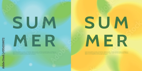 Nature poster background set in a trendy blurred style with juicy colors. Summer lemon and mint floral poster with yellow, green and blue tones and empty space for text