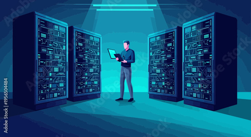 Server room engineer working with laptop amidst data center infrastructure architecture