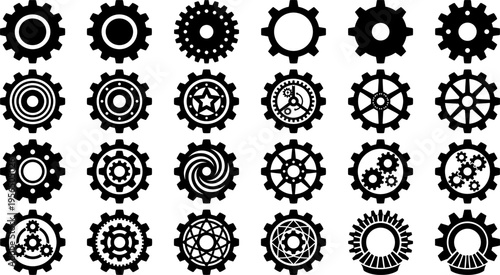 Gear shapes silhouette vector illustration collection, twenty-five black icons showing mechanical, abstract, and decorative cogwheel designs