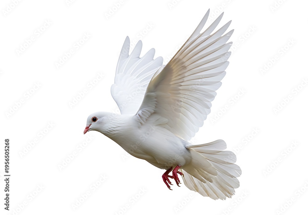 Obraz premium White dove flying in mid air isolated on white background with wings spread wide