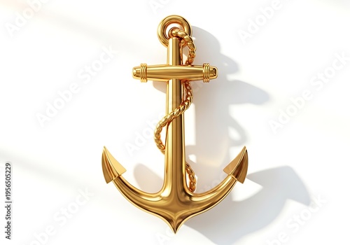 Golden anchor with rope isolated on white background nautical symbol