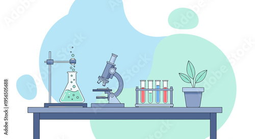 Science laboratory equipment with flask, microscope, test tubes and plant pot background graphic