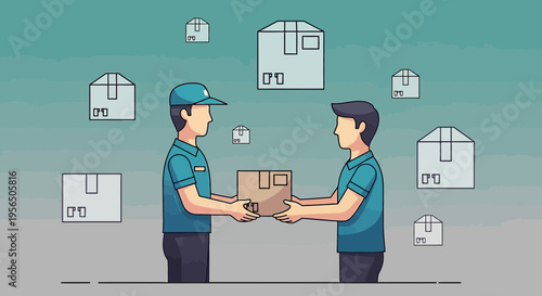 Seamless delivery interaction between a courier and a customer with floating packages background