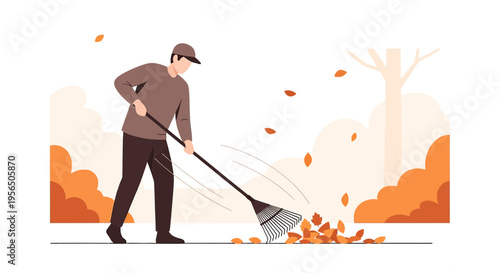 Seasonal yard maintenance depicting a man raking autumn leaves in a minimalist style illustration