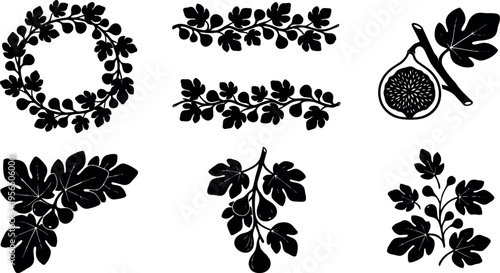 Vector art set of botanical leaf silhouettes and wreaths fig fronds vine ornamental