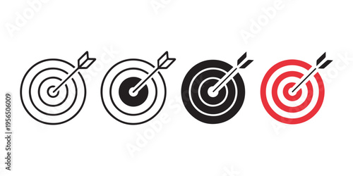 Dart target icon set with arrow pointing at center in different styles isolated on white