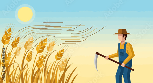 Serene illustration of a farmer reaping wheat under a summer sunlit sky