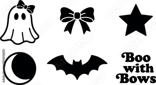 Halloween ghost bow and star and bat icons with boo with bows vector set