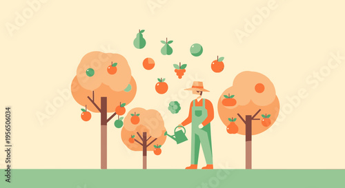 Serene orchard scene with a gardener tending to fruit trees in a simple flat style