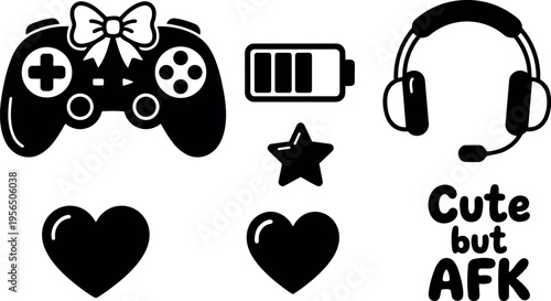 Vector art game controller headset bow battery heart hearts star afk caption