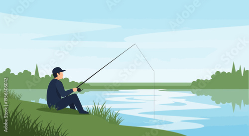Serene riverside fishing scene with fisherman casting line under a clear sky