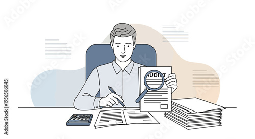 Serious auditor checks financial documents at his desk, holding report under review with magnifier