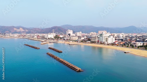 Obama Fukui Japan Coastal Town and Ocean View Aerial. Clear Sky Tilting Drone Shot. 4K.
