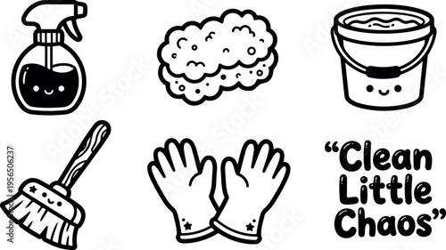Vector doodle of cleaning set showing spray bottle sponge bucket brush gloves and chaos text