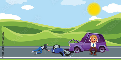 Car Breakdown Scene on Road with Tow Truck Assistance Cartoon Illustration