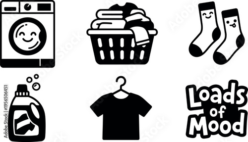 Laundry icons set with washing machine basket socks and t shirt