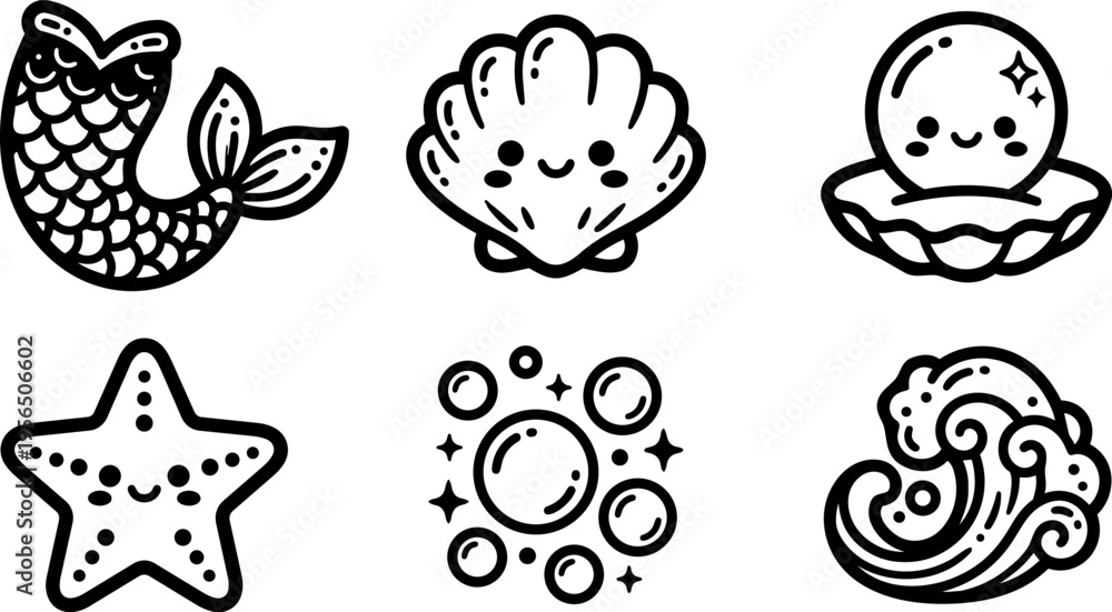 Fototapeta premium Line art vector icons of sea life mermaid tail shell pearl starfish bubbles waves