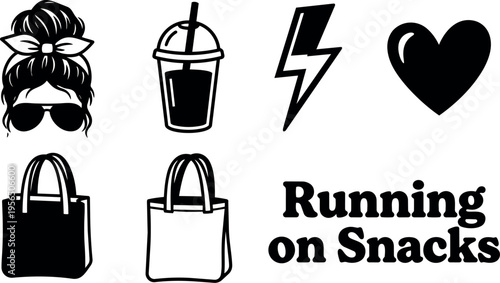 Bold vector icons of running on snacks with a stylish woman and tote bags