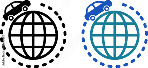 地球を車で移動するグローバルドライブのアイコン｜国際移動・ナビゲーション（Global Car Travel Icon Driving Around the World）
