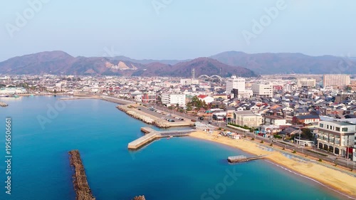 Obama Fukui Japan Coastal Town and Ocean View Aerial. Clear Sky Panning Drone Shot. 4K.