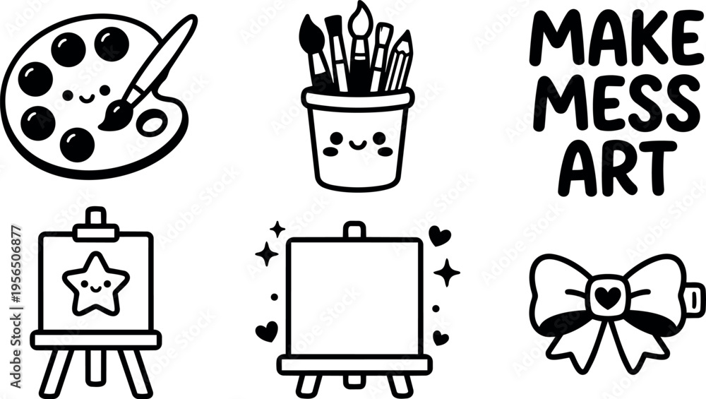 Fototapeta premium Vector line art set featuring paint palette brushes cup easel bow heart text make mess art