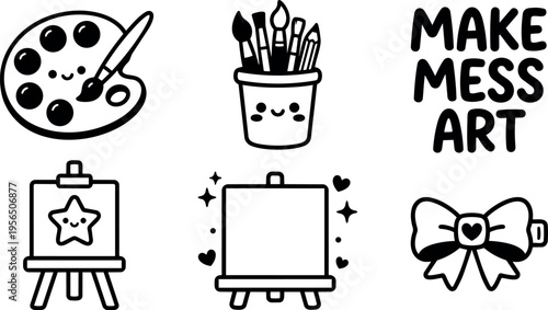 Vector line art set featuring paint palette brushes cup easel bow heart text make mess art