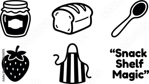 Vector food icons including jam jar bread spoon strawberry apron shelf magic