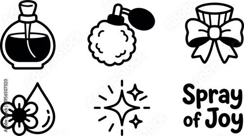 Vector line art set of cosmetic icons including perfume bottle powder puff and bow
