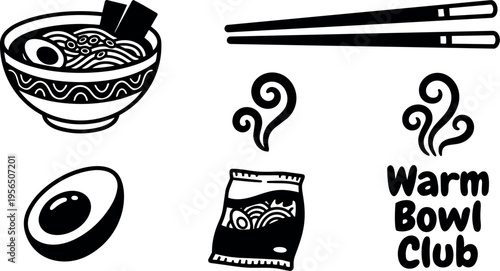 Noodle bowl illustration with chopsticks and warm bowl club logo style black and white