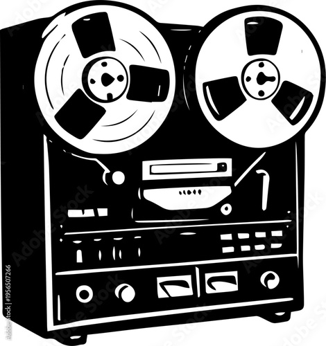 Vintage Black and White Reel to Reel Tape Recorder with Spools Vector Illustration Clip Art Icon Retro