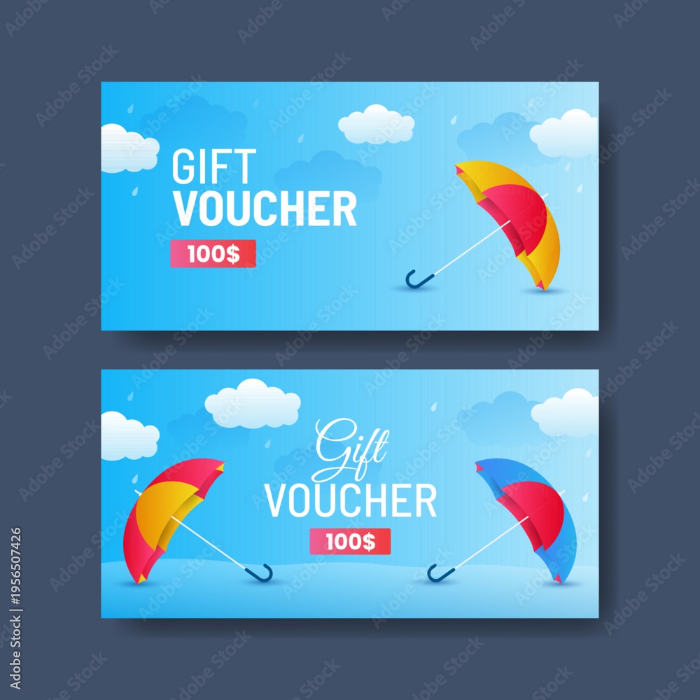 Obraz premium Monsoon sale voucher set. Monsoon banner template with rainy background vector illustration