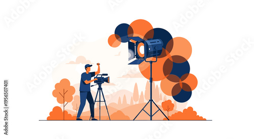 Professional filmmaker shooting in scenic outdoor setting with camera and lighting