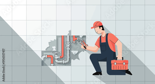 Professional plumber at work repairing or installing pipes within a tiled wall area