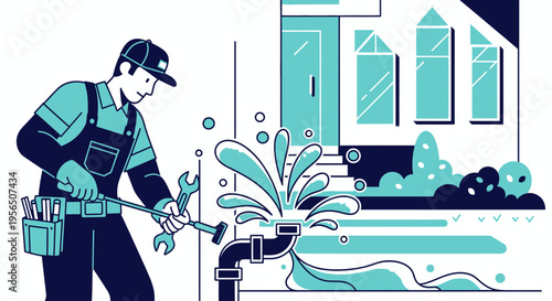 Professional plumber fixing burst pipe outside house offering emergency repairs service