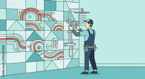 Professional plumber in uniform repairing and installing a new shower head in the bathroom with