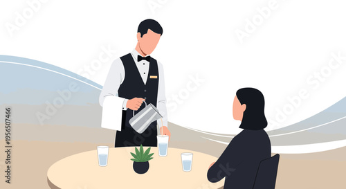 Professional service as waiter fills water glasses for customer at dining table