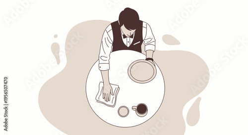 Professional waiter meticulously wipes a pristine circular table with precision and care ensuring