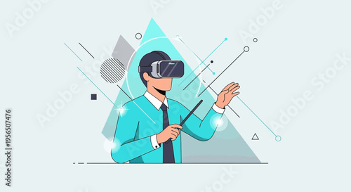 Professional wearing VR headset conducting virtual presentation amidst geometric shapes