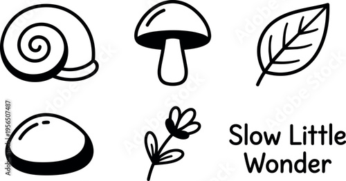 Line art snail mushroom leaf and flowers with slow little wonder text vector