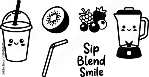 Line art vector of smoothie cup with straw kiwi slice berries and blender with sip blend smile