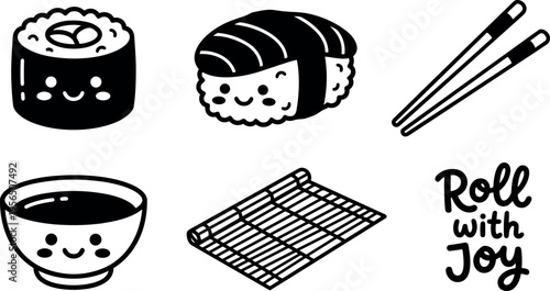 Bold vector art sushi icons with chopsticks and mat roll with joy