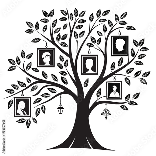 Black and white family tree silhouette with framed portraits on branches and leaf accents design element | editable eps vectors