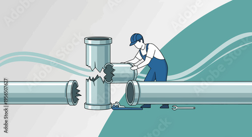 Repairing damaged pipes illustration of a plumber fixing broken pipes with tools and determination
