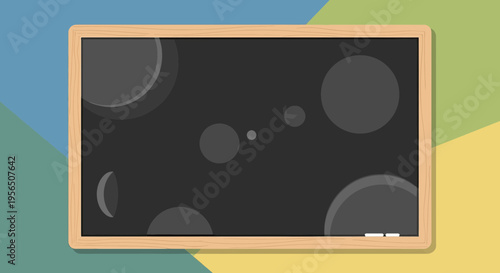 Retro blackboard with celestial orbs on a geometric backdrop and wooden frame